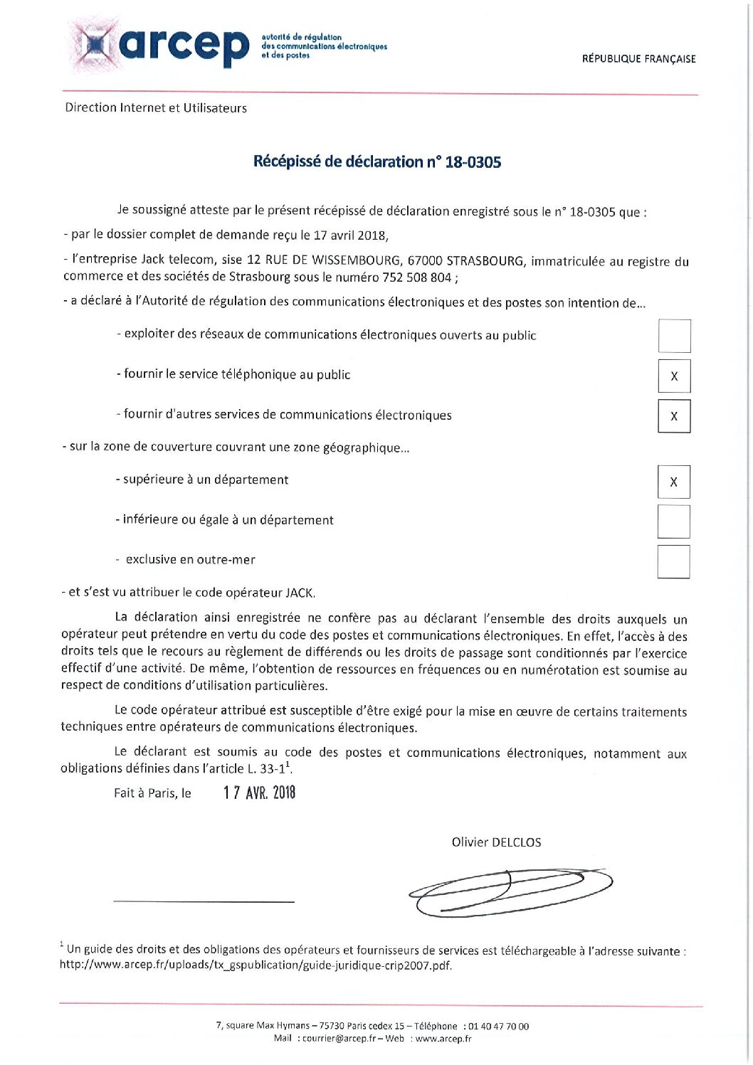 Déclaration ARCEP